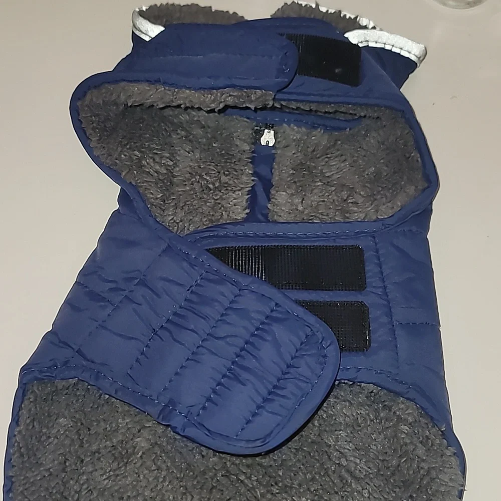 PPET Navy Blue Waterproof Winter Coat with Two Way Zippered Harness Hole,Size XS